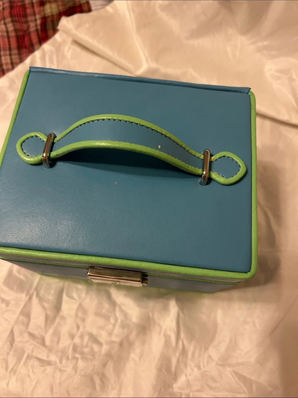 Talbots Blue Jewelry Box with Lime Trim and Top Handle